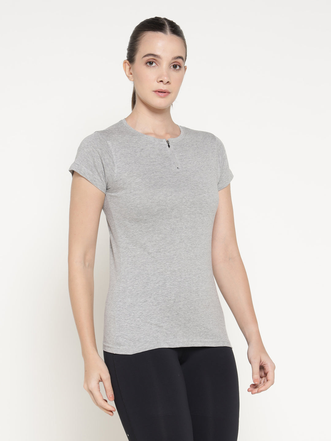 Ap'pulse Women's Short Sleeve Round Neck Zipper Tshirt