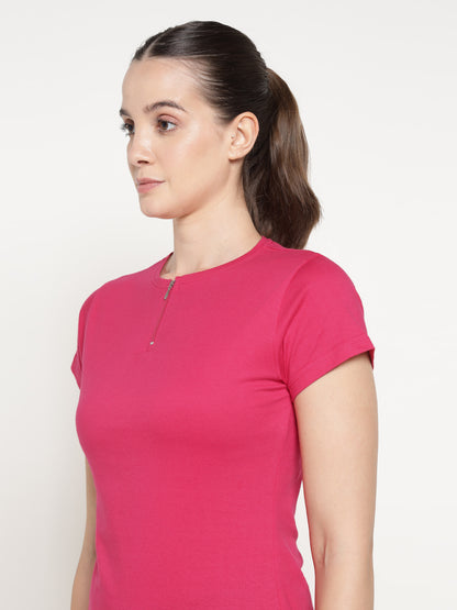 Appulse Women's Short Sleeve Round Neck Zipper T-Shirt | Women | Premium Cotton | Activewear | Athleisure