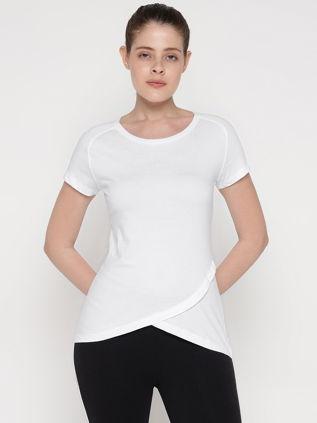 Ap'pulse Women's Short Sleeve Round Neck Bottom Cross Over Tshirt