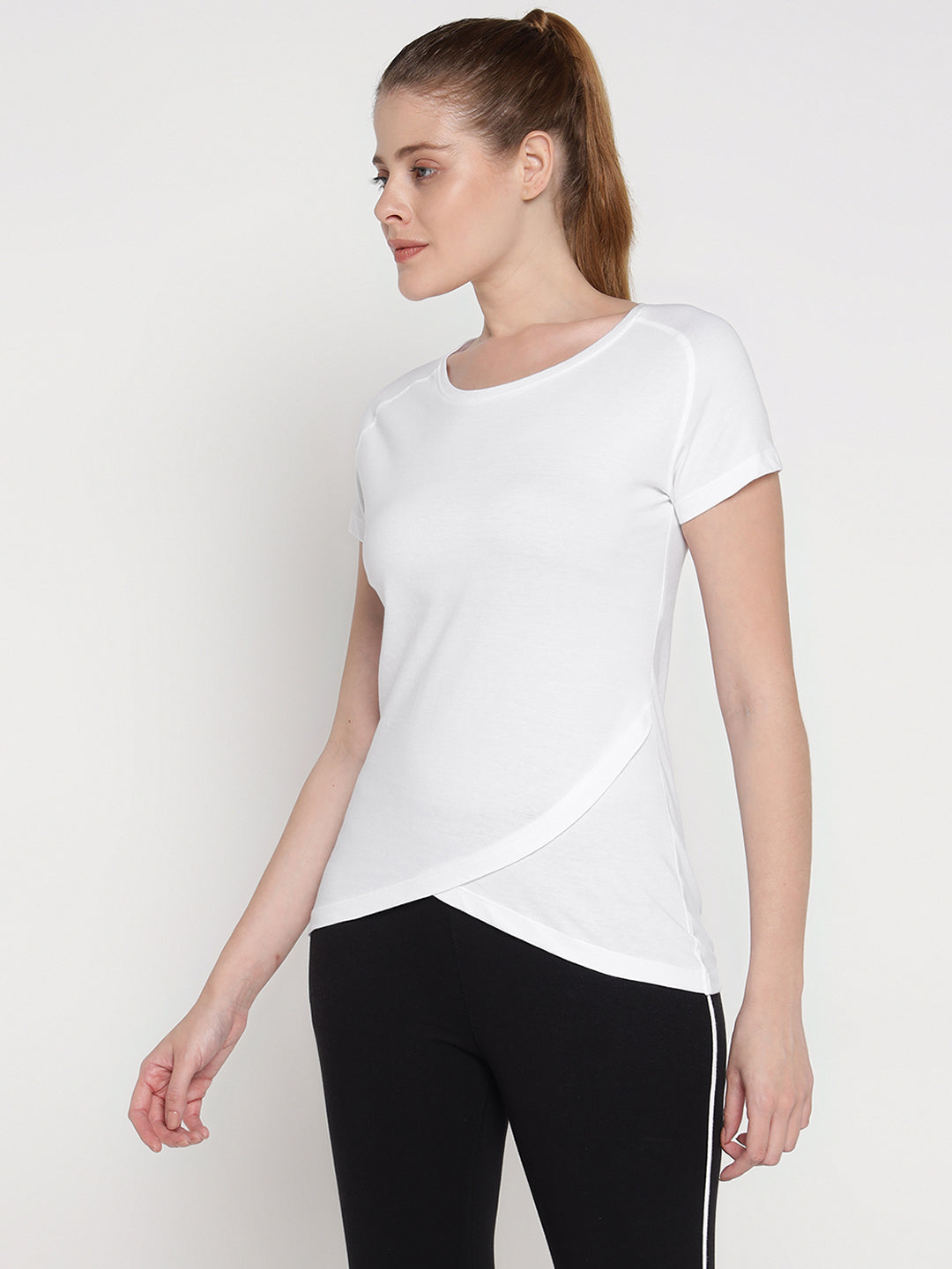 Ap'pulse Women's Short Sleeve Round Neck Bottom Cross Over Tshirt