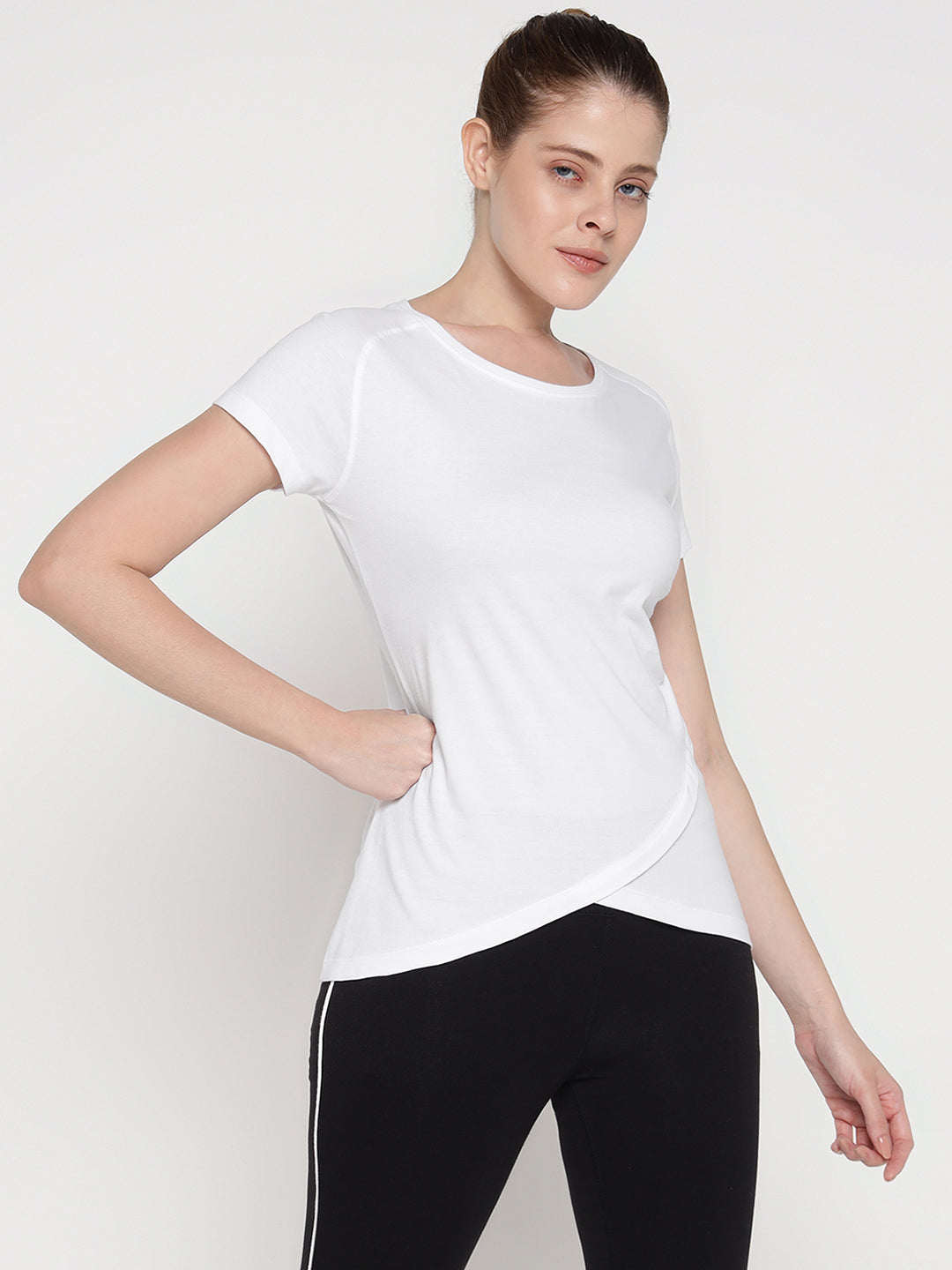 Ap'pulse Women's Short Sleeve Round Neck Bottom Cross Over Tshirt