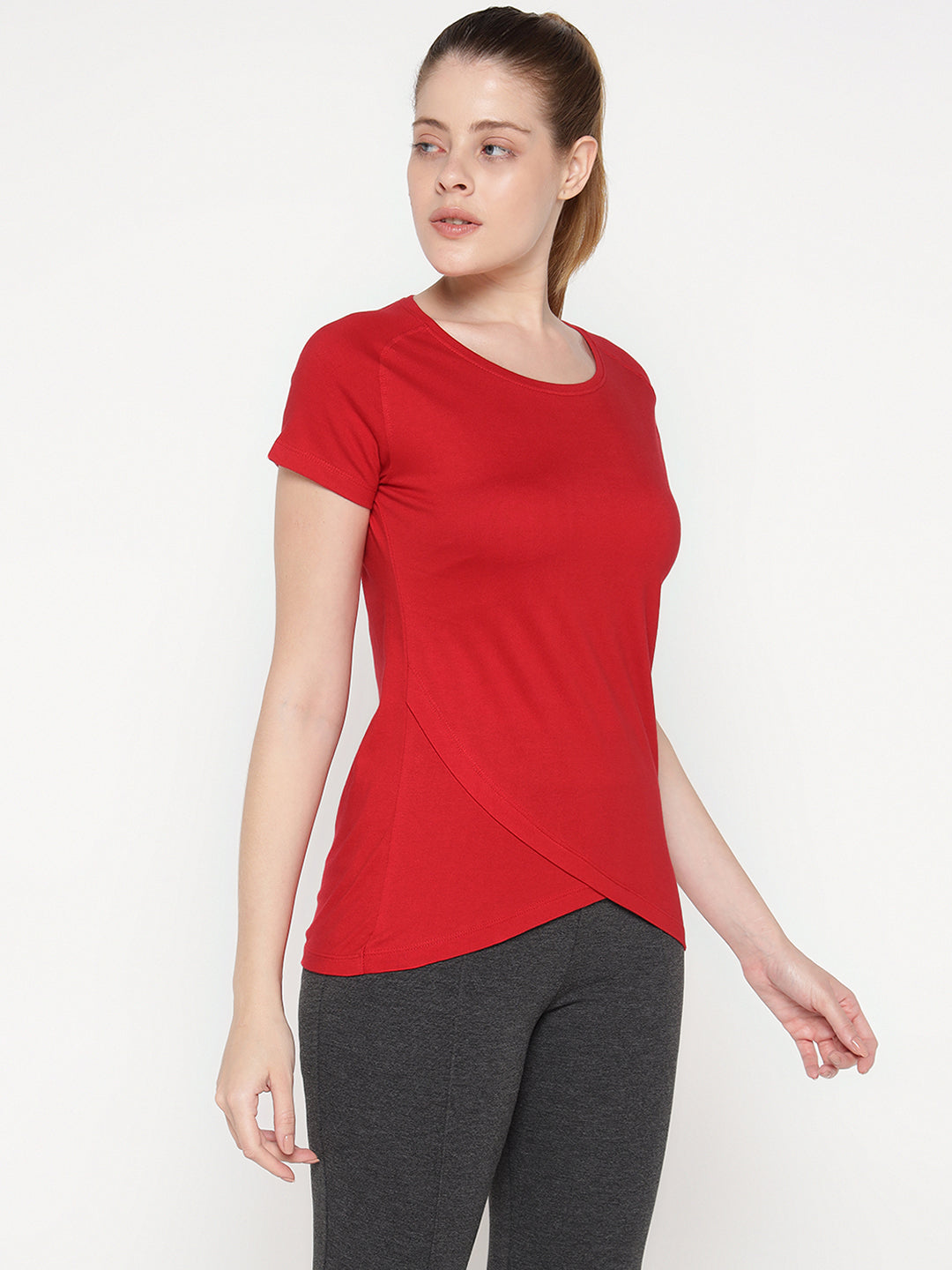 Ap'pulse Women's Short Sleeve Round Neck Bottom Cross Over Tshirt