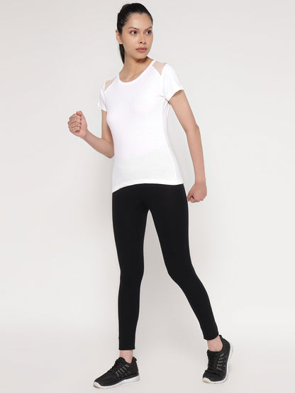 Appulse Women's Short Sleeve Round Neck Shoulder Mesh T-Shirt | Women | Premium Cotton | Activewear | Athleisure