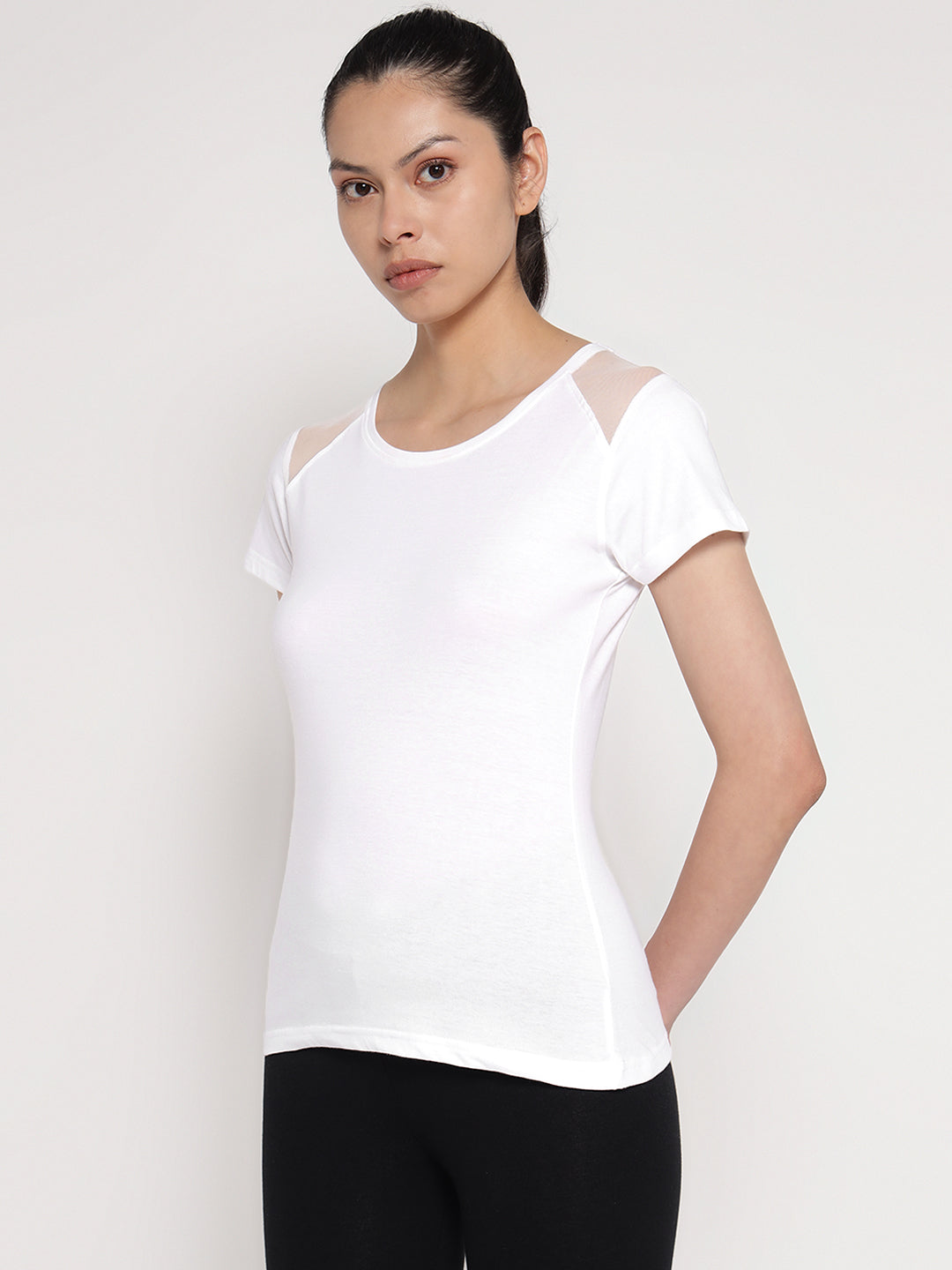 Ap'pulse Women's Short Sleeve Round Neck Shoulder Mesh Tshirt