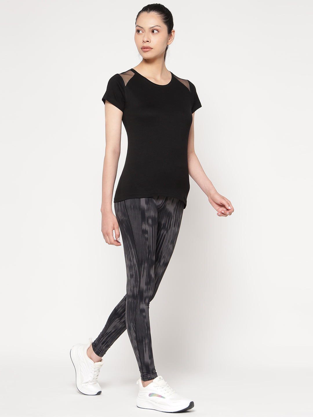 Ap'pulse Women's Short Sleeve Round Neck Shoulder Mesh Tshirt