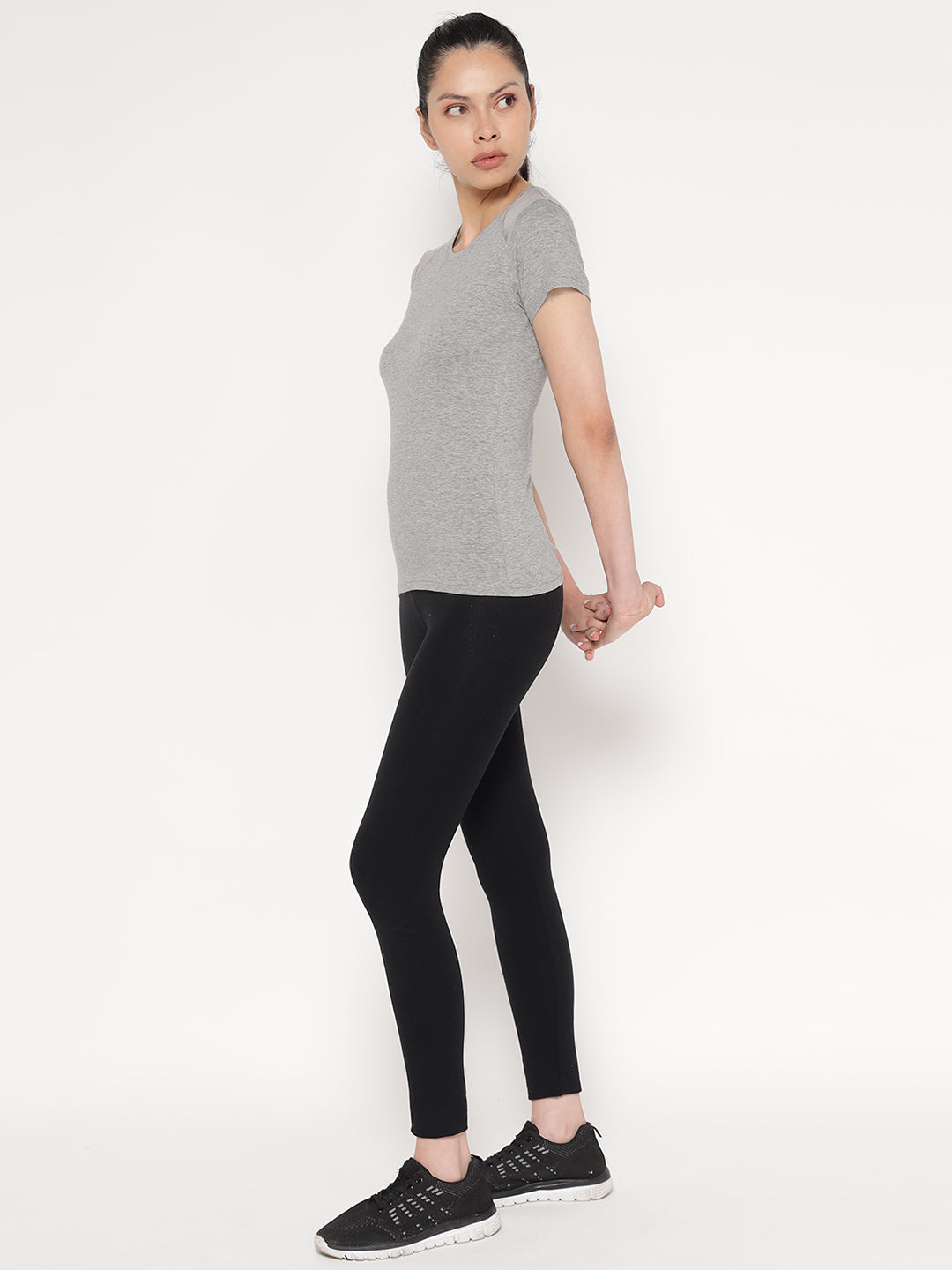 Ap'pulse Women's Short Sleeve Round Neck Shoulder Mesh Tshirt