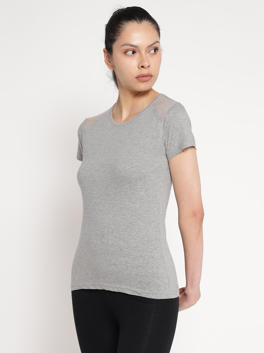 Ap'pulse Women's Short Sleeve Round Neck Shoulder Mesh Tshirt