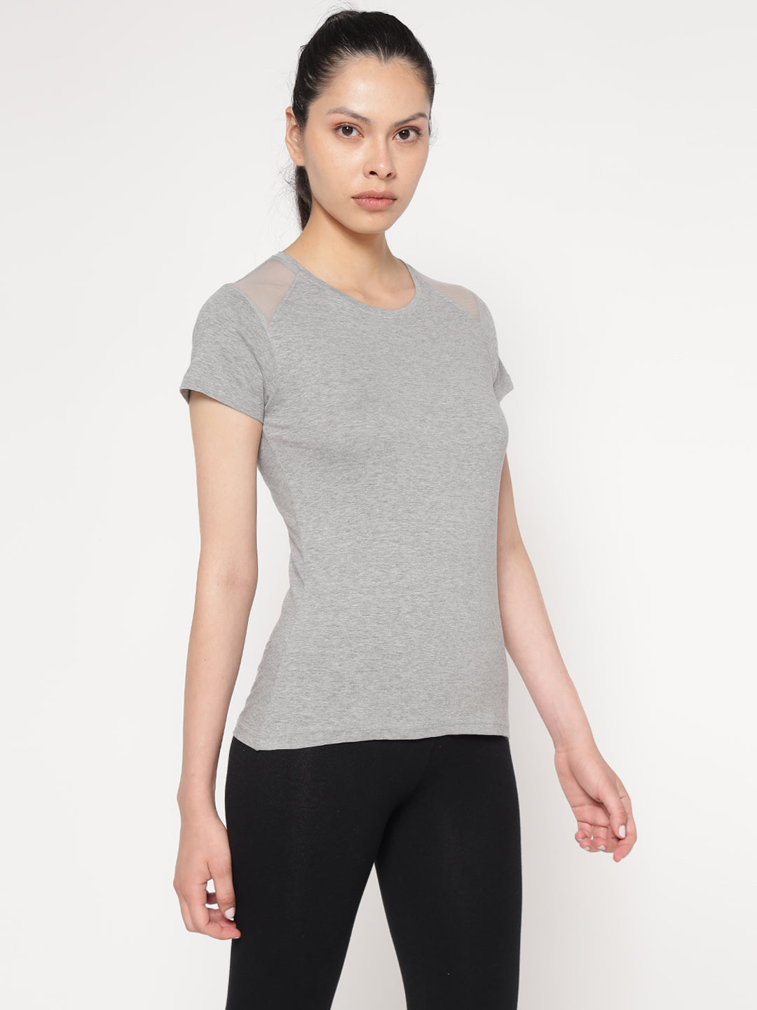 Ap'pulse Women's Short Sleeve Round Neck Shoulder Mesh Tshirt