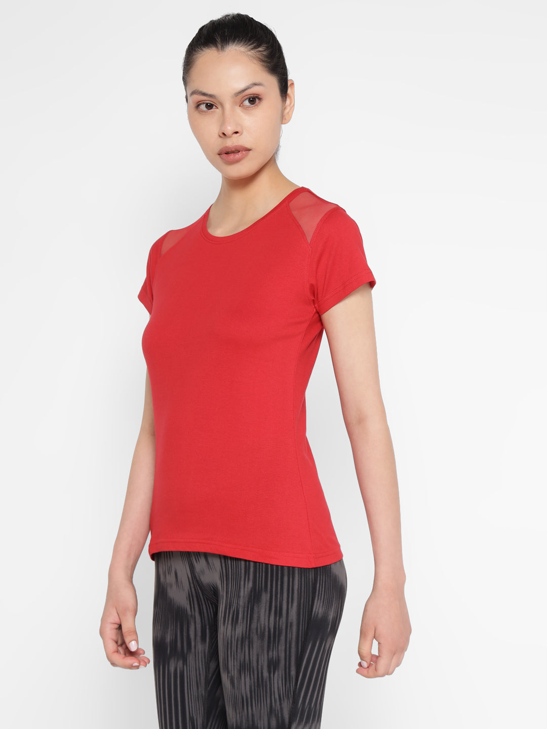 Ap'pulse Women's Short Sleeve Round Neck Shoulder Mesh Tshirt