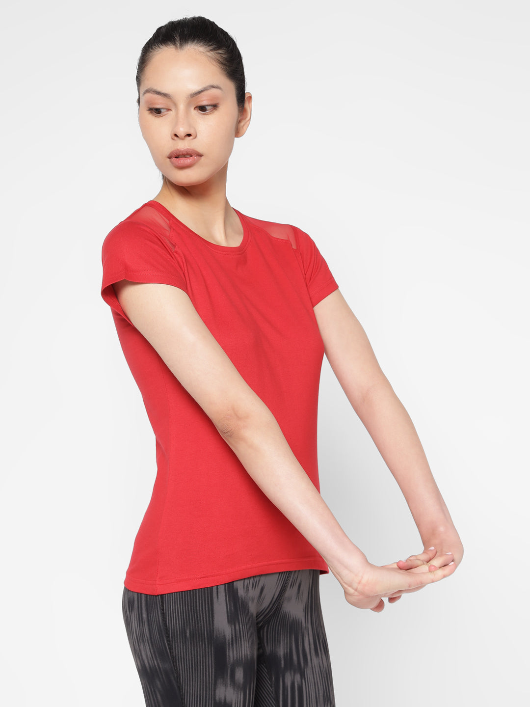 Ap'pulse Women's Short Sleeve Round Neck Shoulder Mesh Tshirt