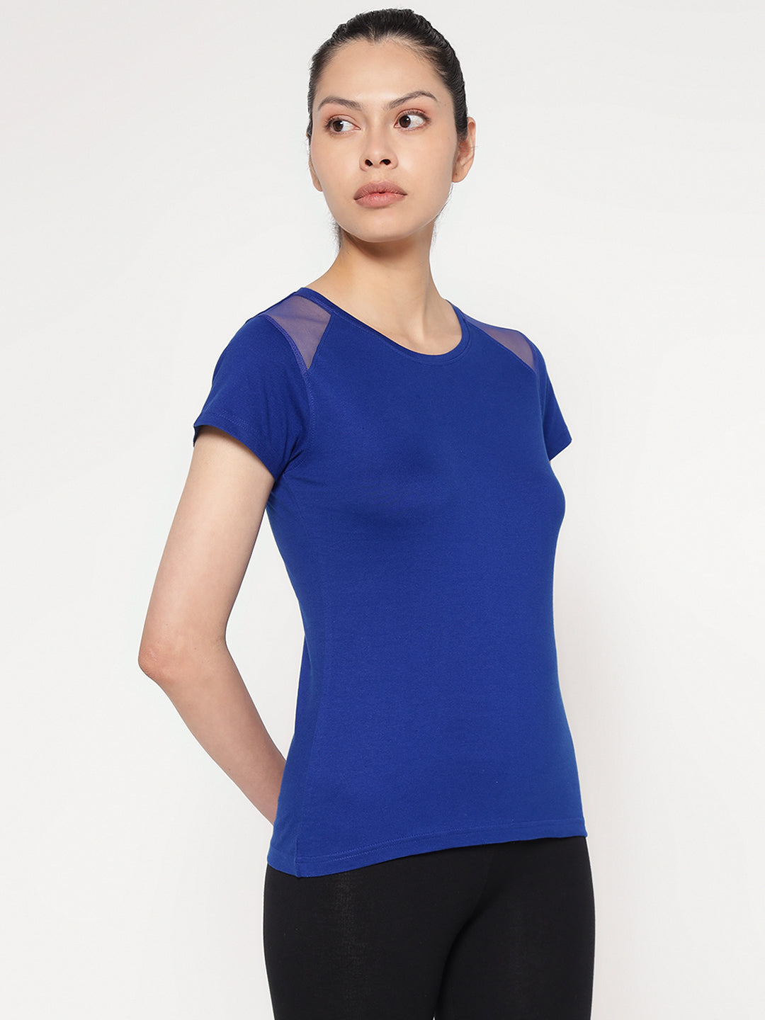 Ap'pulse Women's Short Sleeve Round Neck Shoulder Mesh Tshirt