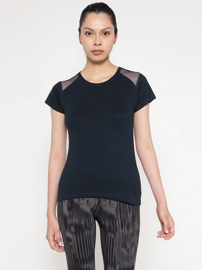 Appulse Women's Short Sleeve Round Neck Shoulder Mesh T-Shirt | Women | Premium Cotton | Activewear | Athleisure