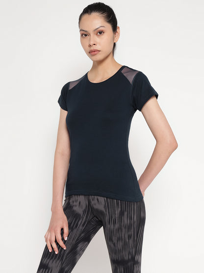 Appulse Women's Short Sleeve Round Neck Shoulder Mesh T-Shirt | Women | Premium Cotton | Activewear | Athleisure