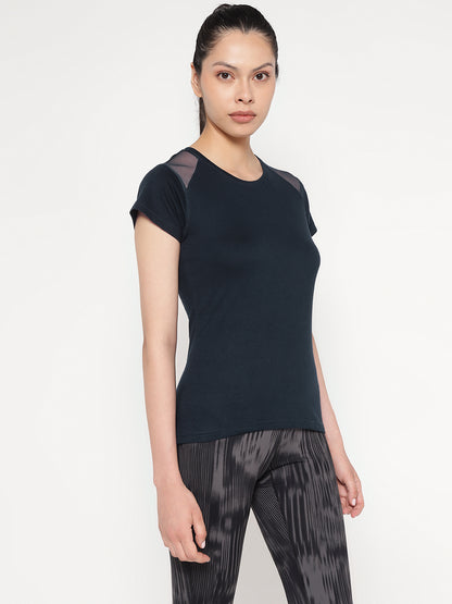 Appulse Women's Short Sleeve Round Neck Shoulder Mesh T-Shirt | Women | Premium Cotton | Activewear | Athleisure