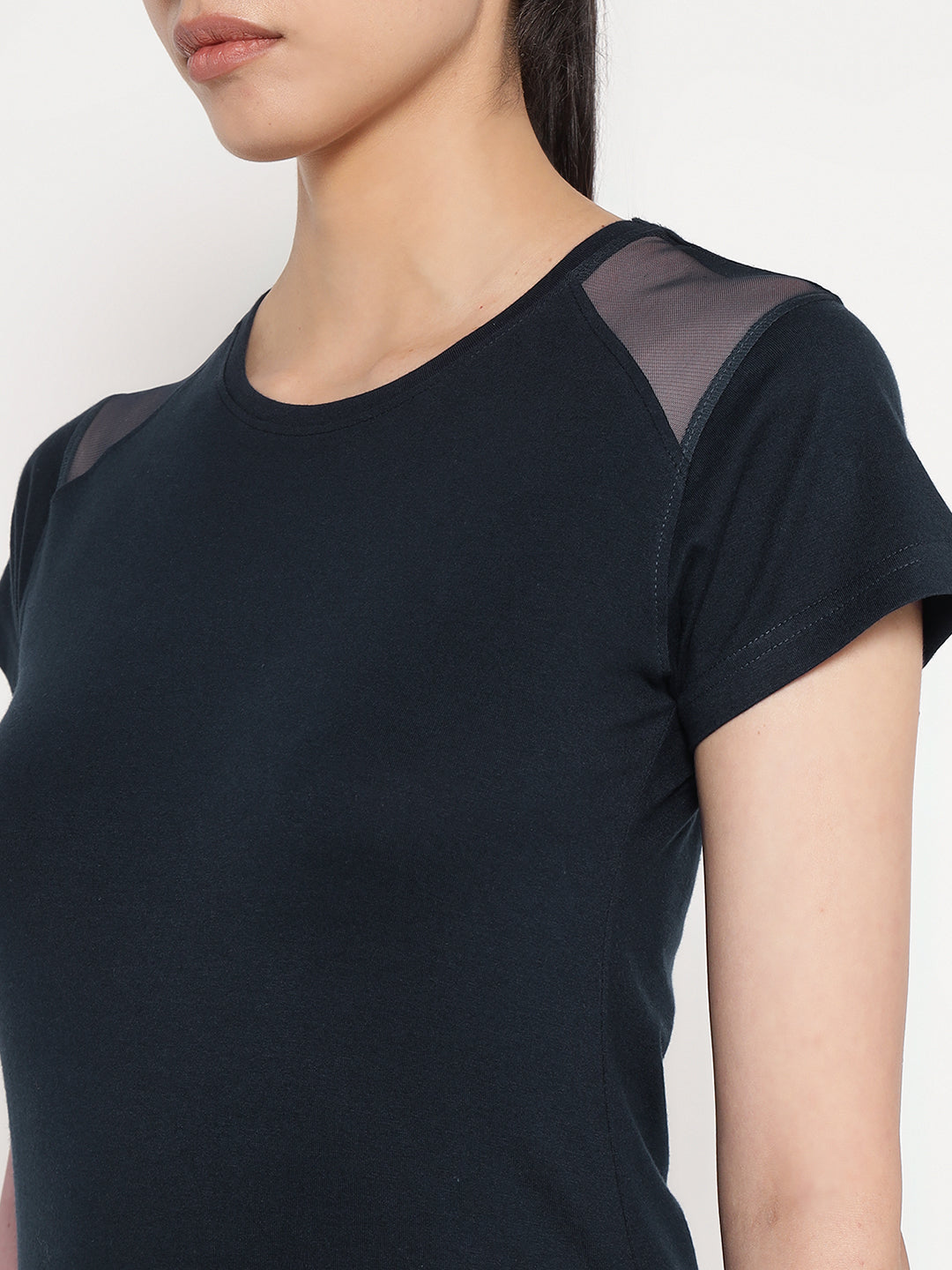 Ap'pulse Women's Short Sleeve Round Neck Shoulder Mesh Tshirt