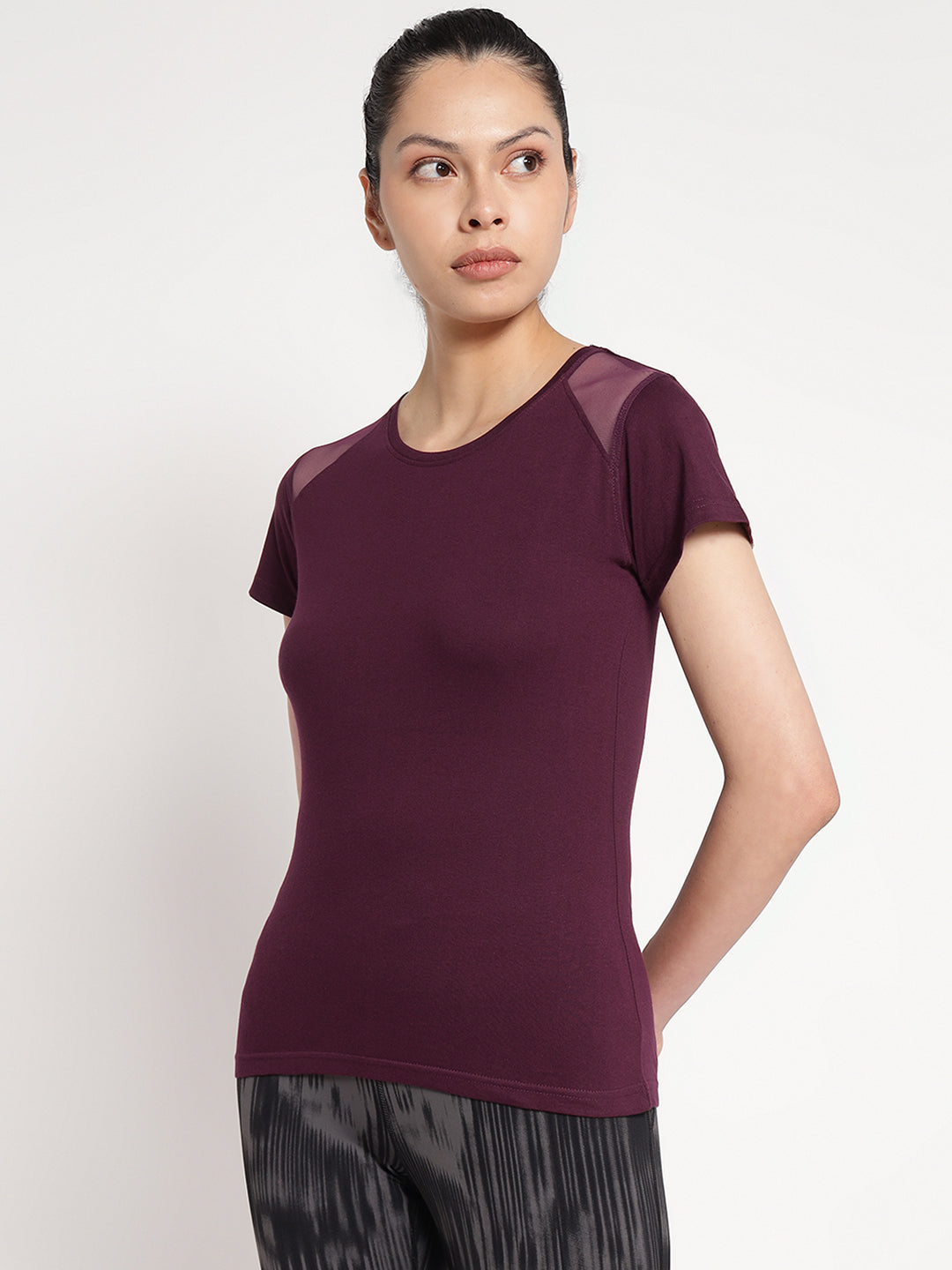 Ap'pulse Women's Short Sleeve Round Neck Shoulder Mesh Tshirt