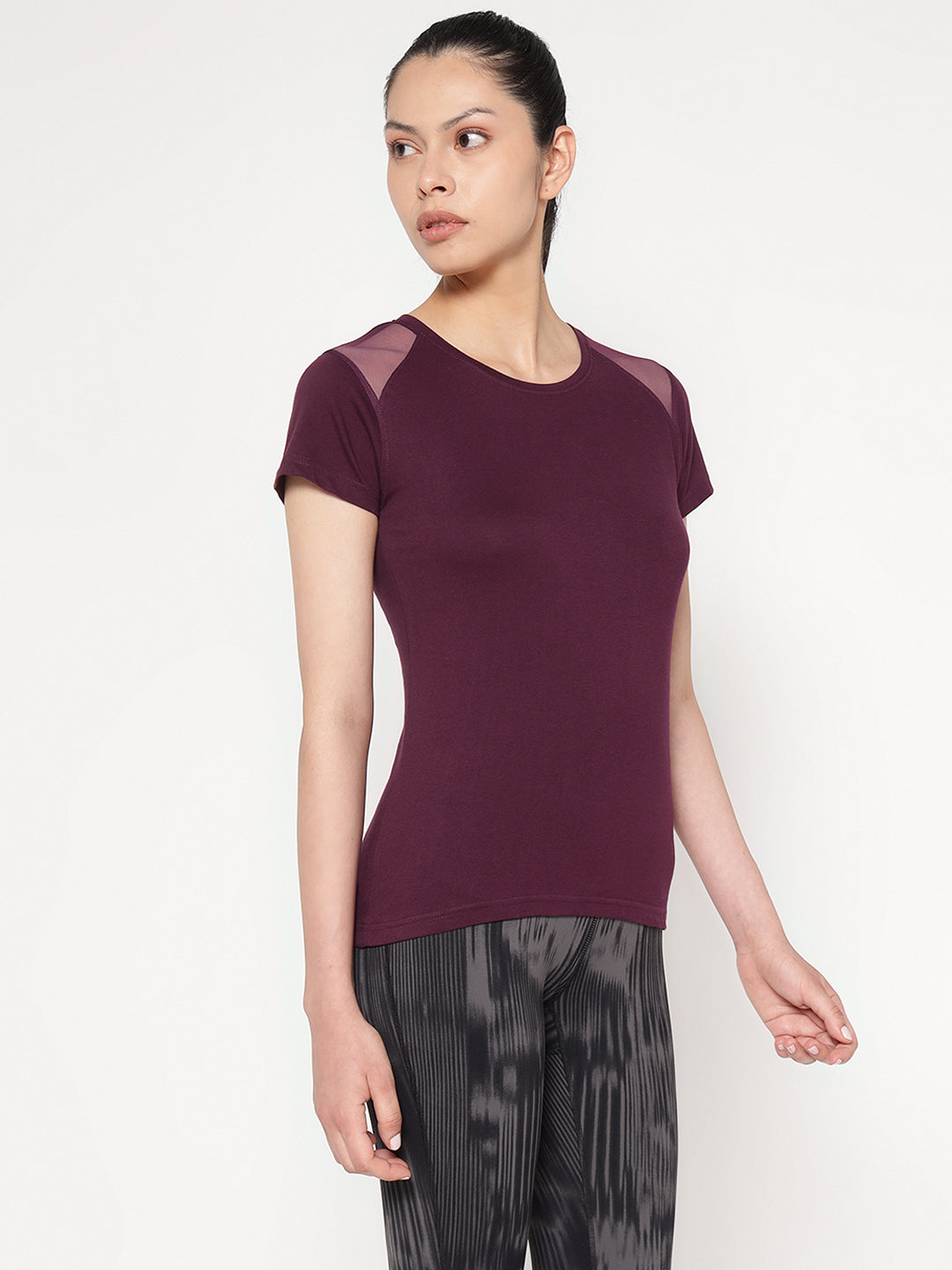 Ap'pulse Women's Short Sleeve Round Neck Shoulder Mesh Tshirt