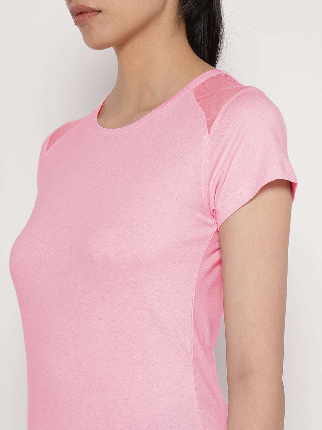 Ap'pulse Women's Short Sleeve Round Neck Shoulder Mesh Tshirt