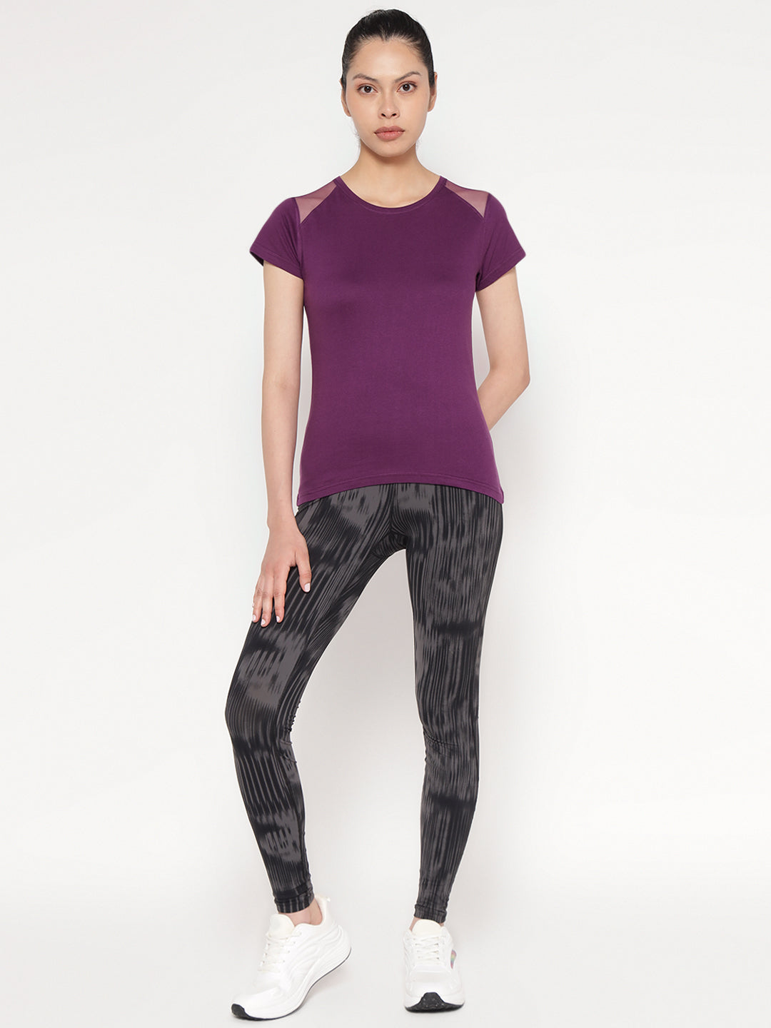 Ap'pulse Women's Short Sleeve Round Neck Shoulder Mesh Tshirt