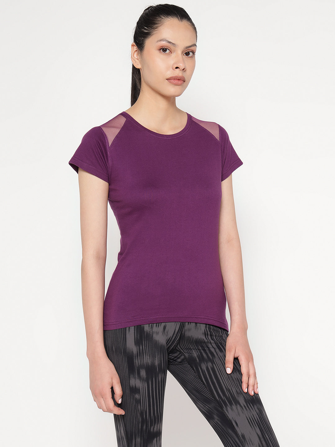 Ap'pulse Women's Short Sleeve Round Neck Shoulder Mesh Tshirt