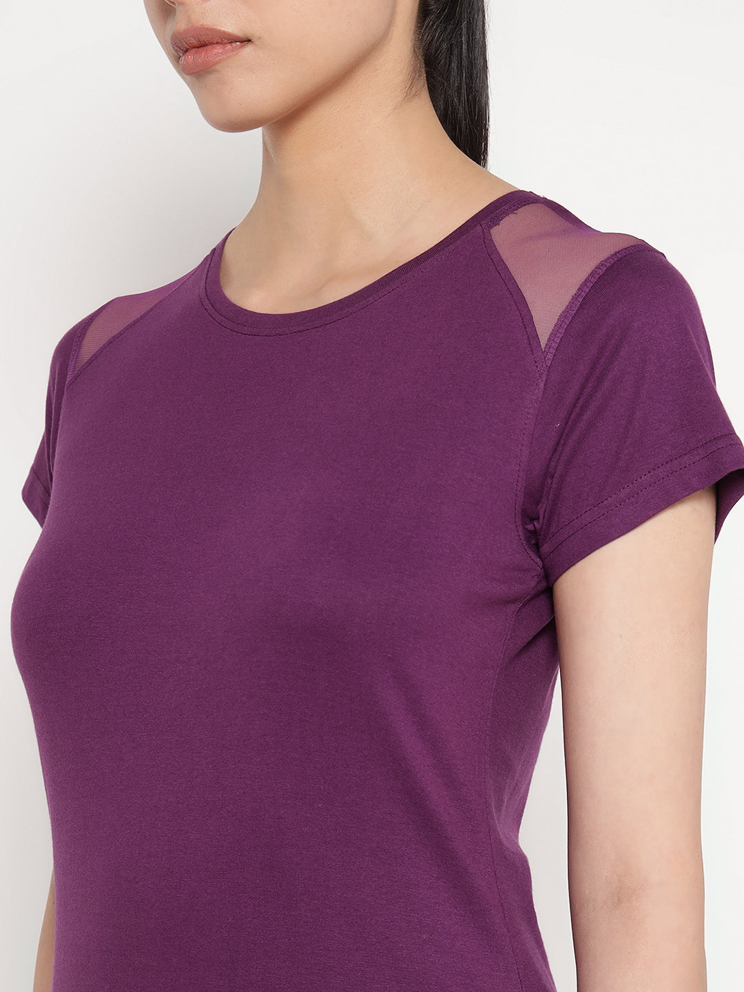 Ap'pulse Women's Short Sleeve Round Neck Shoulder Mesh Tshirt