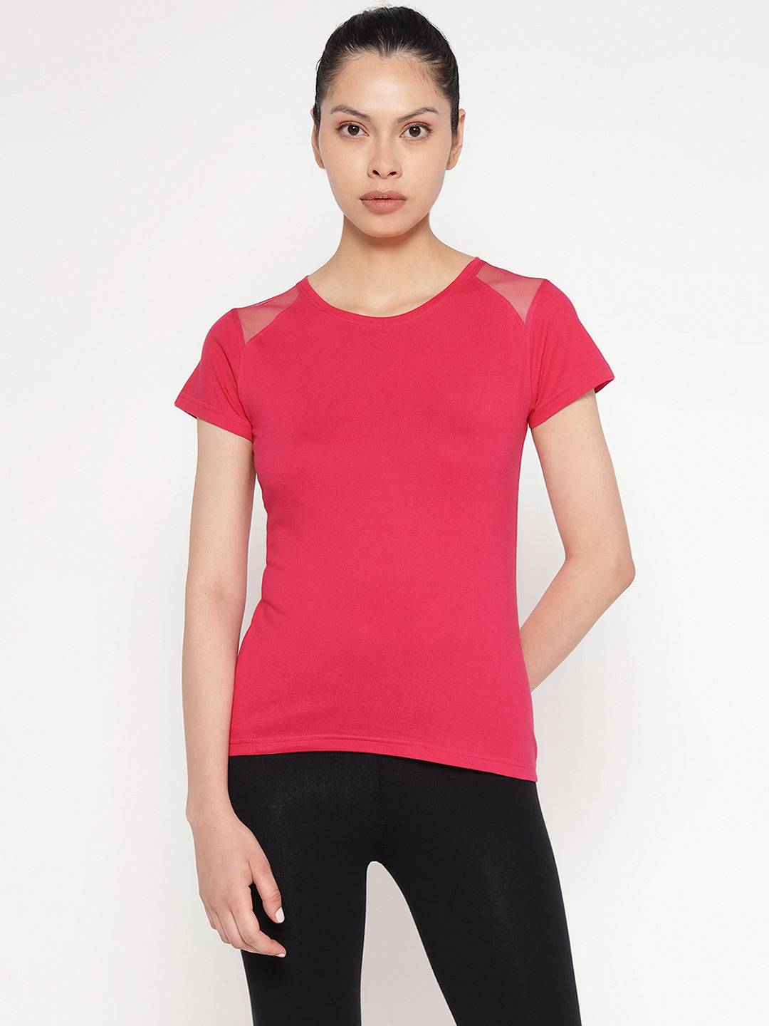 Ap'pulse Women's Short Sleeve Round Neck Shoulder Mesh Tshirt