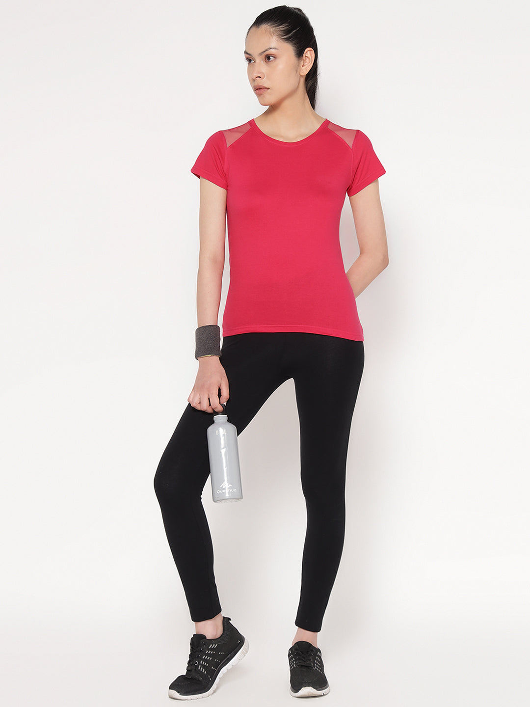 Ap'pulse Women's Short Sleeve Round Neck Shoulder Mesh Tshirt