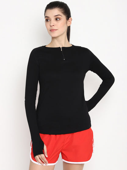 Appulse Women's Round Neck Zipper Long Sleeve T-Shirt | Women | Premium Cotton | Activewear | Athleisure