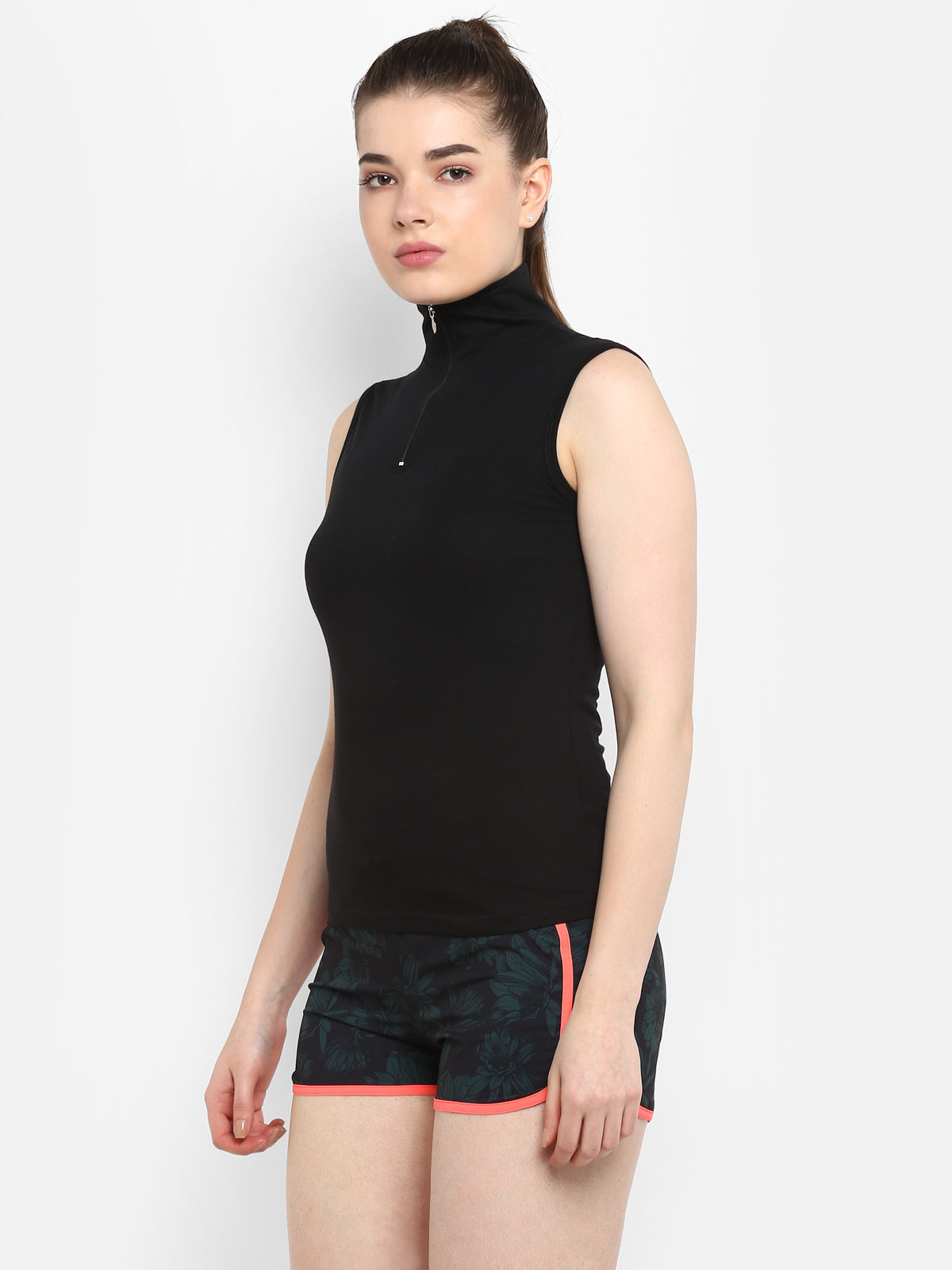 Ap'pulse Women's Sleeveless 1/4 Zip Hi Neck Tshirt